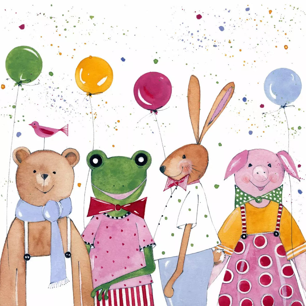 European Kid Party animals. Bear, Frog, bunny, pig. Decoupage Paper Napkins of exceptional quality. 3 ply. Ideal Decoupage Paper for Collage, Scrapbooking, Mixed Media