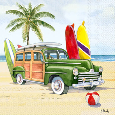 Green car on beach with surf boards. Huntington Woody European Decoupage Paper Napkins of exceptional quality. 3 ply. Ideal Decoupage Paper for Collage, Scrapbooking