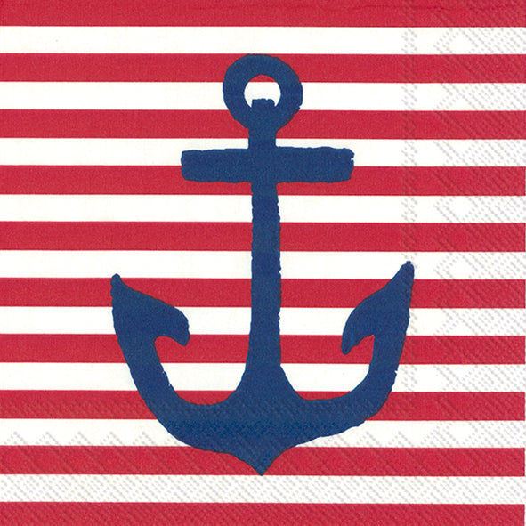 Red striped Yacht Club Anchor European Decoupage Paper Napkins of exceptional quality. 3 ply. Ideal Decoupage Paper for Collage, Scrapbooking, Mixed Media