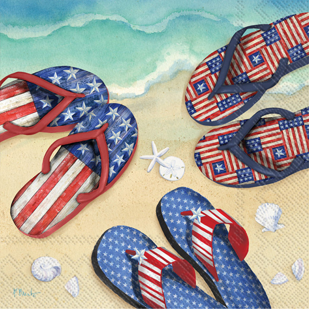American Flag flip flops on beach European Decoupage Craft Paper Napkins of exceptional quality. 3 ply. Ideal decorative craft paper