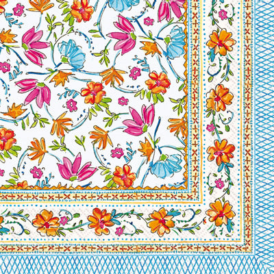 Floral Block Print, pink blue and orange European Decoupage Craft Paper Napkins of exceptional quality. 3 ply. Ideal decorative craft paper.