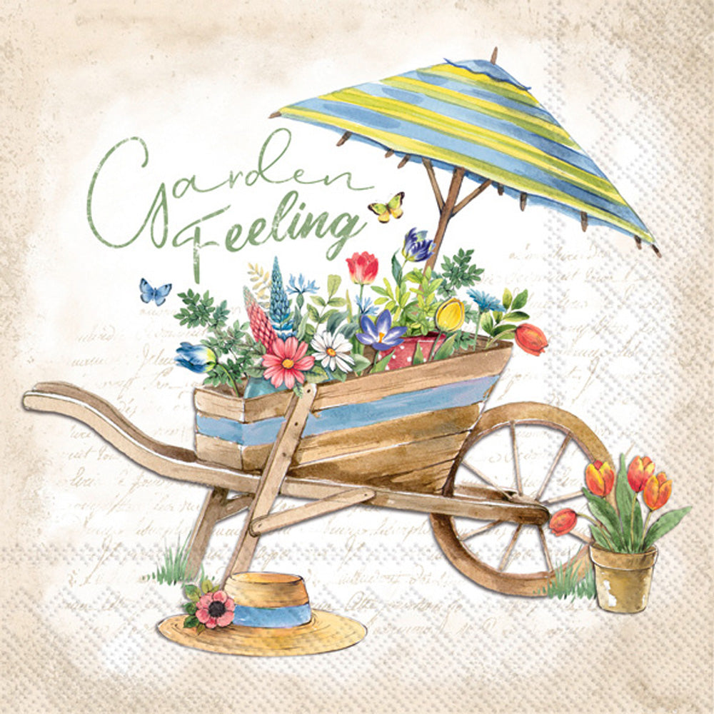 Garden Feeling floral cart with umbrella European Decoupage Craft Paper Napkins of exceptional quality. 3 ply. Ideal decorative craft paper