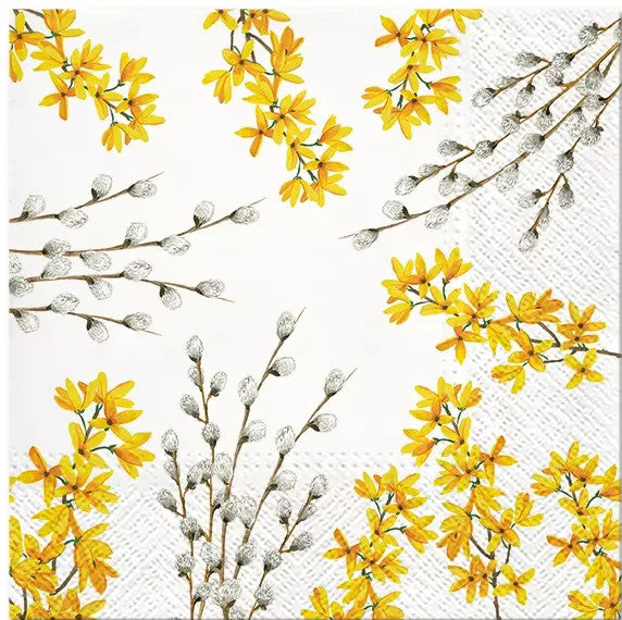 Gold and silver Catkins and Forsythia floral European Decoupage Craft Paper Napkins of exceptional quality. 3 ply. Ideal decorative craft paper Decoupage Paper for Collage