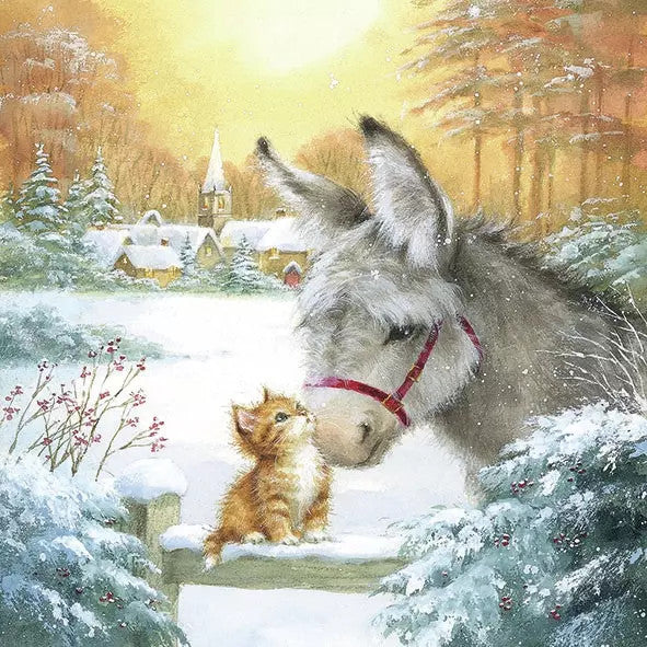 Donkey kissing kitten on fence winter scene European Decoupage Craft Paper Napkins of exceptional quality. 3 ply. Ideal decorative craft paper