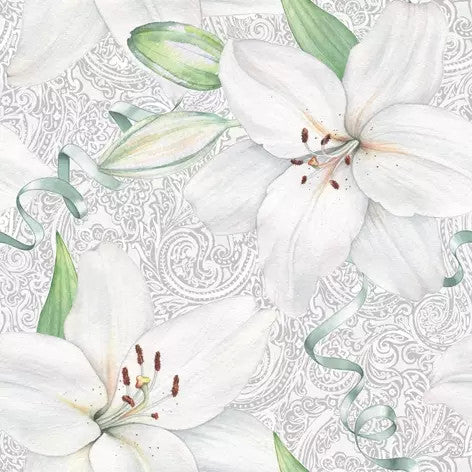 White Lily Floral on Silver background. European Decoupage Craft Paper Napkins of exceptional quality. 3 ply. Ideal decorative craft paper