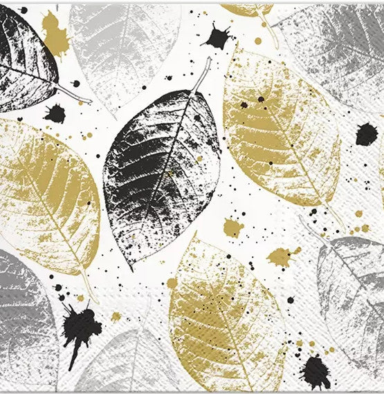 Gold Silver and black leaves decorative European Decoupage Craft Paper Napkins of exceptional quality. 3 ply. Ideal decorative craft paper 