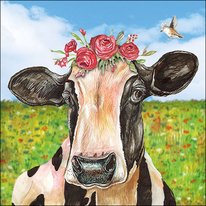Black & white cow with red roses on head. Mia floral cow Craft Paper Napkin for Decoupage, Scrapbooking, Collage