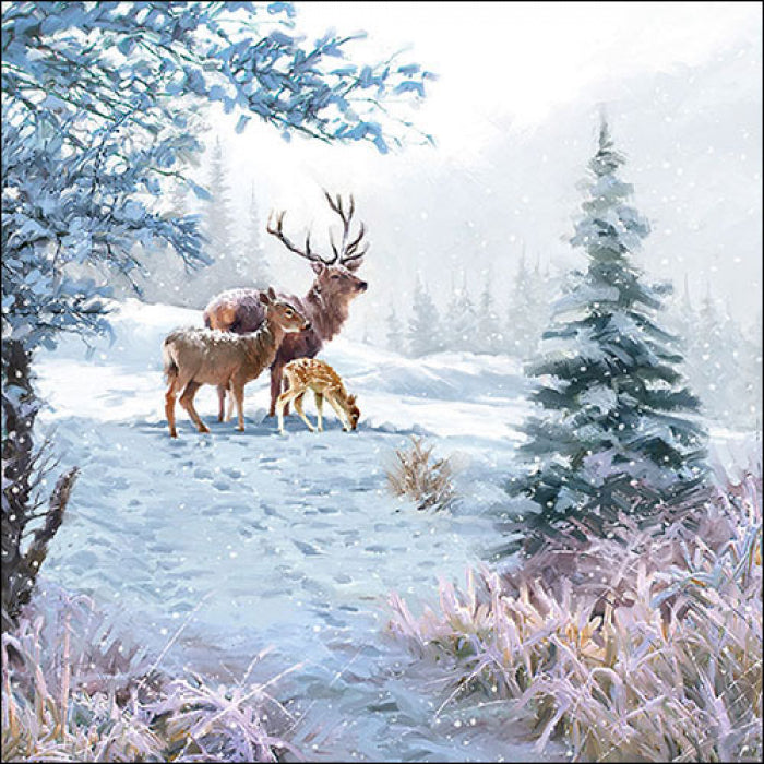 3 Winter deer grazing in snowy forest. Deer Family Craft Paper Napkin for Decoupage, Scrapbooking, Collage