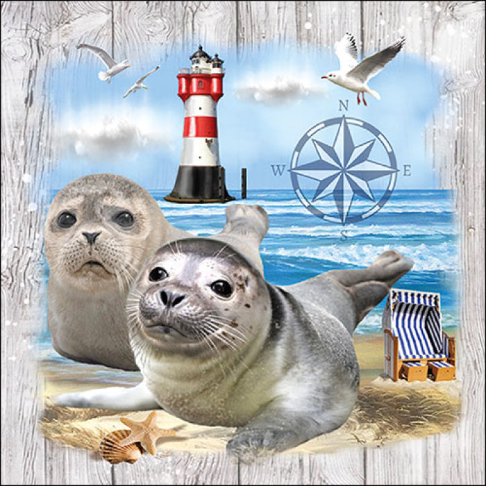 Seals on dock near ocean and red white lighthouse. Seal Couple Craft Paper Napkin for Decoupage, Scrapbooking, Collage
