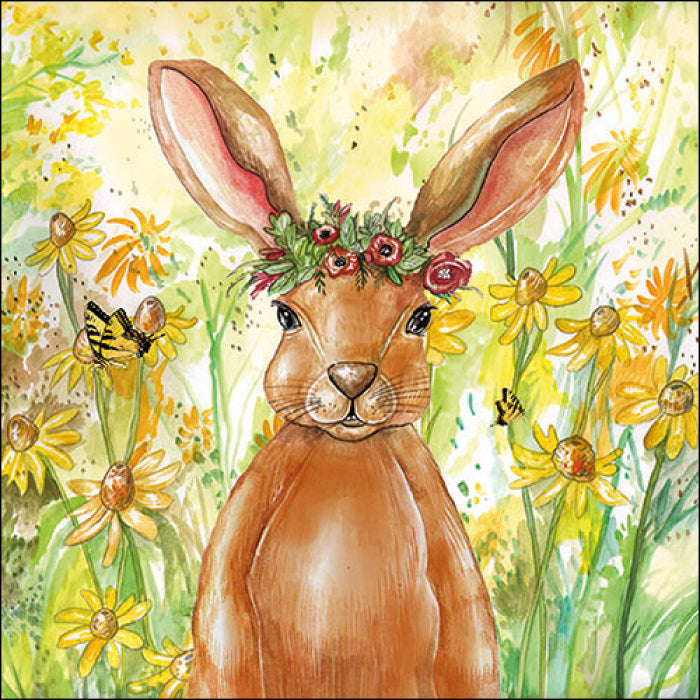 Brown rabbit with yellow daisies and butterfly. Craft Paper Napkin for Decoupage, Scrapbooking, Collage