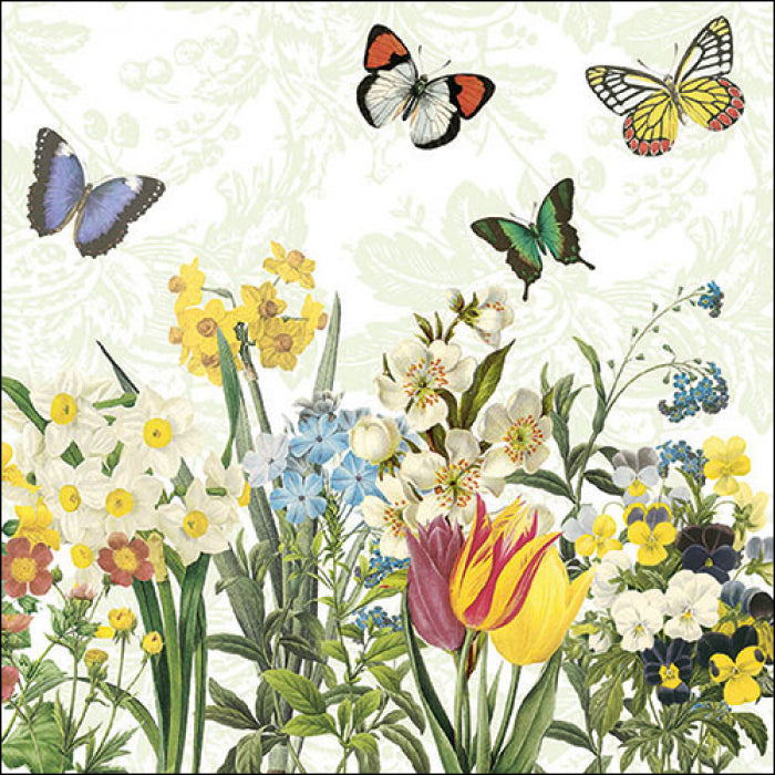 Yellow pink and blue floral meadow with butterflies Spring Bloomers Craft Paper Napkin for Decoupage, Scrapbook, Collage