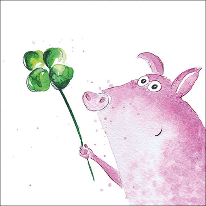 Pink pig holding green clover leaf.  Lucky Pig Decoupage Craft Paper Napkin for Mixed Media, Scrapbook