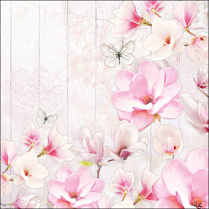 Pink floral blooms with white butterflies. Magnolia Garden Craft Paper Napkin for Decoupage, Scrapbooking Collage