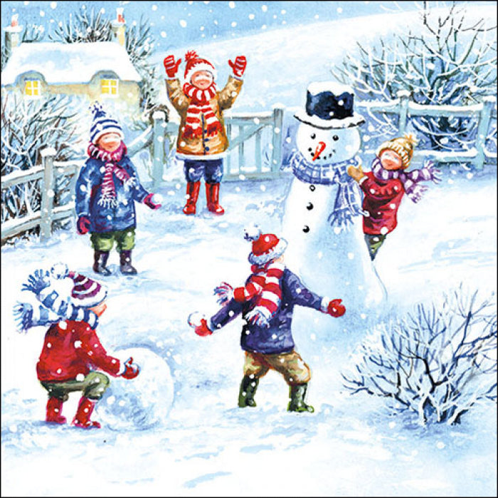 Winter scene with 5 kids making snowman. Snowfun Craft Paper Napkin for Decoupage, Scrapbooking, Collage