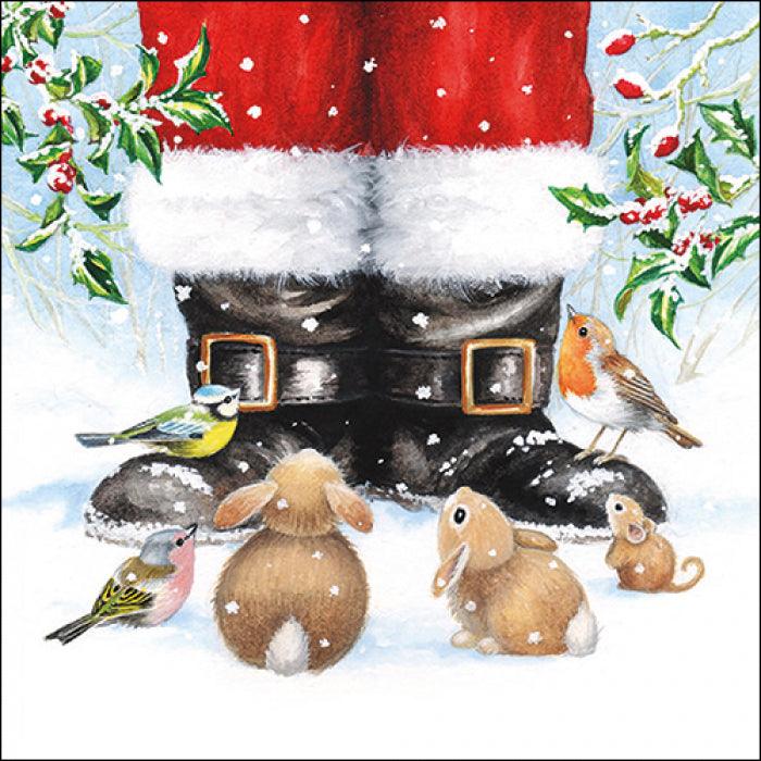 Bunnies and birds in snow looking at Santa's feet. Santa Christmas Craft Paper Napkin for Decoupage, Scrapbook, Collage