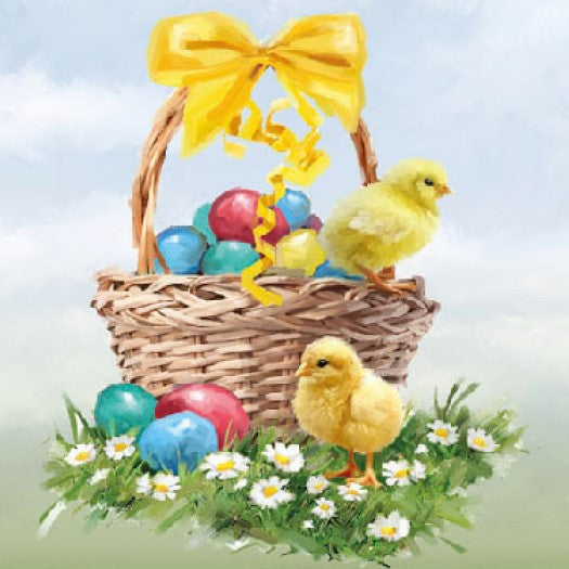 Yellow Chicks in basket and red blue green eggs. Easter Basket Craft Paper Napkin for Decoupage, Scrapbooking, Collage