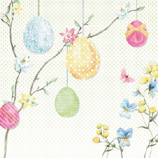 Yellow, pink and blue Hanging Eggs Craft Paper Napkin for Decoupage, Scrapbooking, Collage