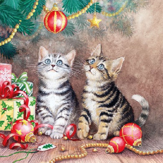 Beige and black kittens under Christmas tree. Magic of Christmas Craft Paper Napkin for Decoupage, Scrapbook Collage