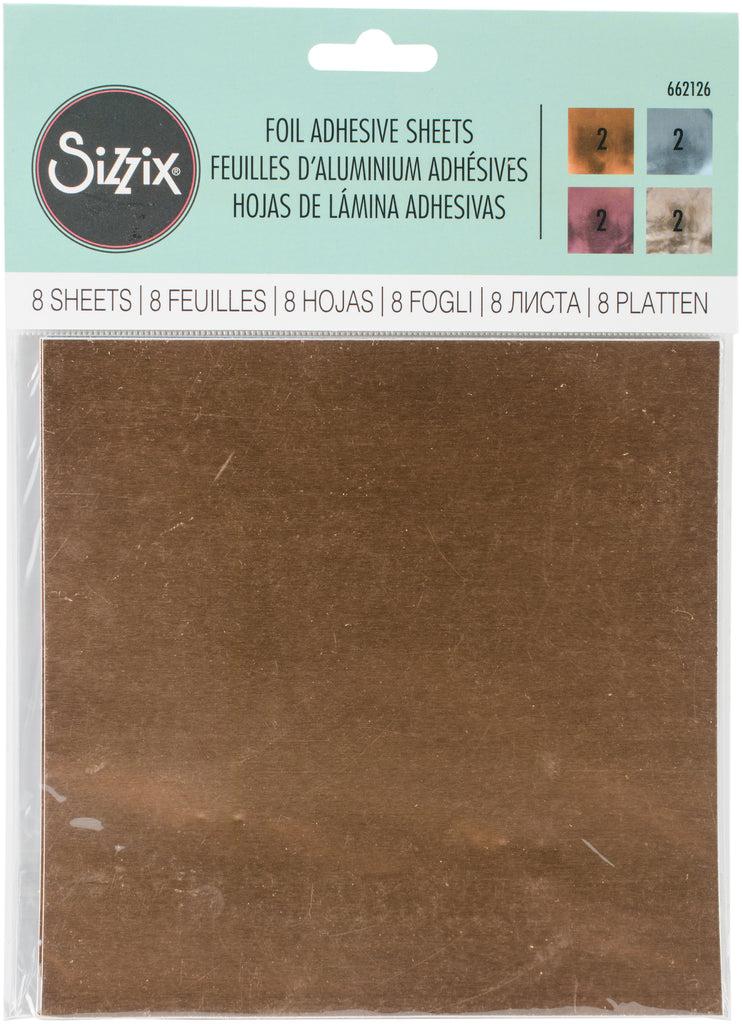 Sizzix Adhesive Foil Sheets 6"X6" Assorted 8/Pkg. Add shimmer and shine to any project. Cut. Emboss. Shine! Use a sheet for a background or die-cut and emboss designs