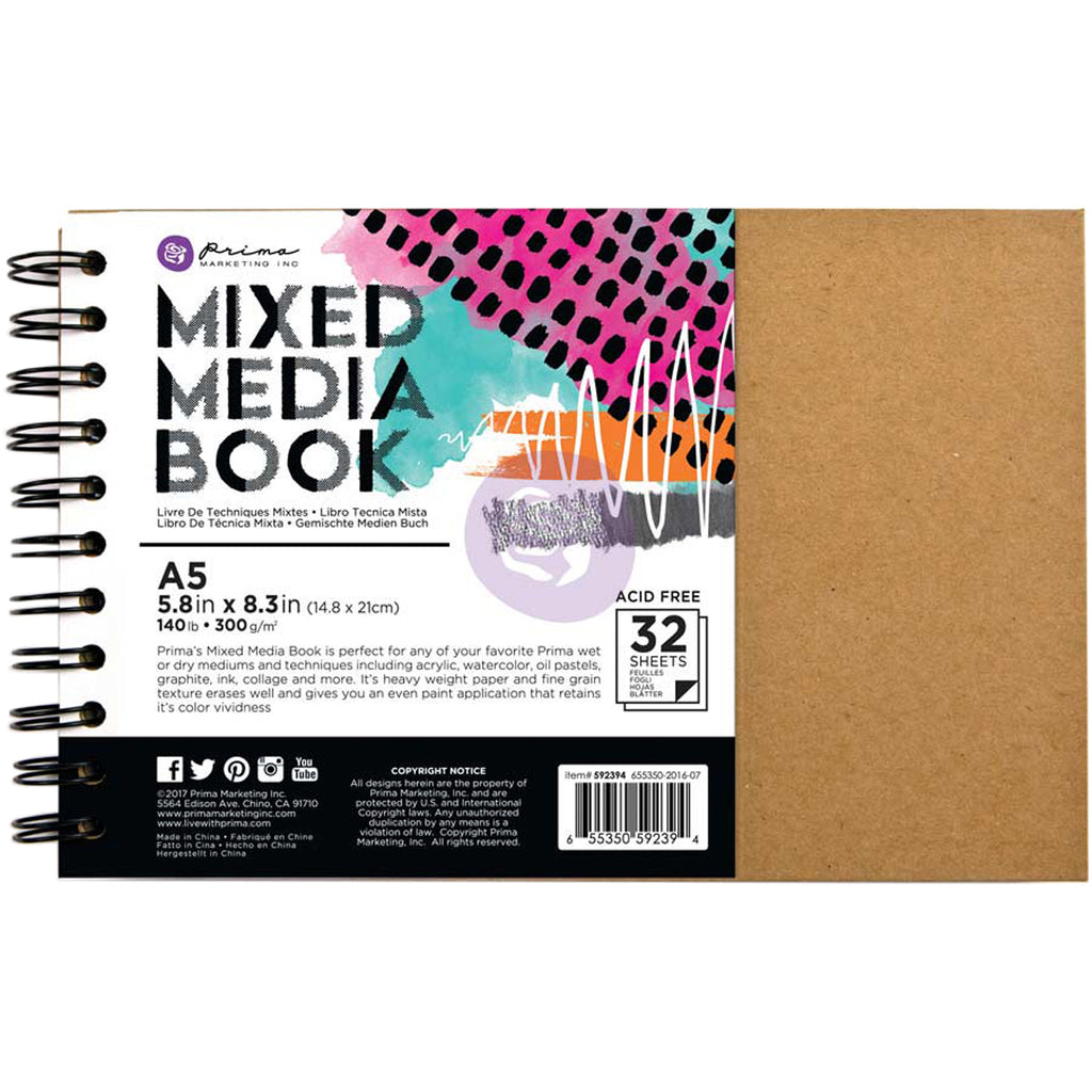 Prima Marketing-Mixed Media A5 Spiral Bound Kraft Book. Use for water-coloring, mixed media, scrapbooking, collage, decoupage and sketching. Heavy weight paper, Fine grain texture erases well. Allows for vivid colors