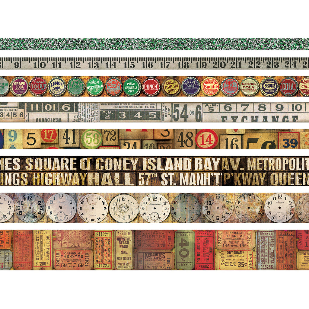 Tim Holtz Idea-Ology Vintage Design Tape can be used for project embellishments and borders. Each package contains multiple rolls and designs. Perfect for Decoupage projects, Scrapbooking, Mixed Media