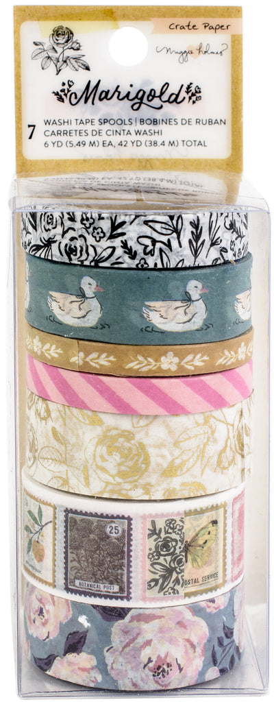 Marigold Washi Tape Tape can be used for project embellishments and borders. Adhesive backed. Each package contains multiple rolls and designs. Perfect for Decoupage projects, Scrapbooking, Mixed Media