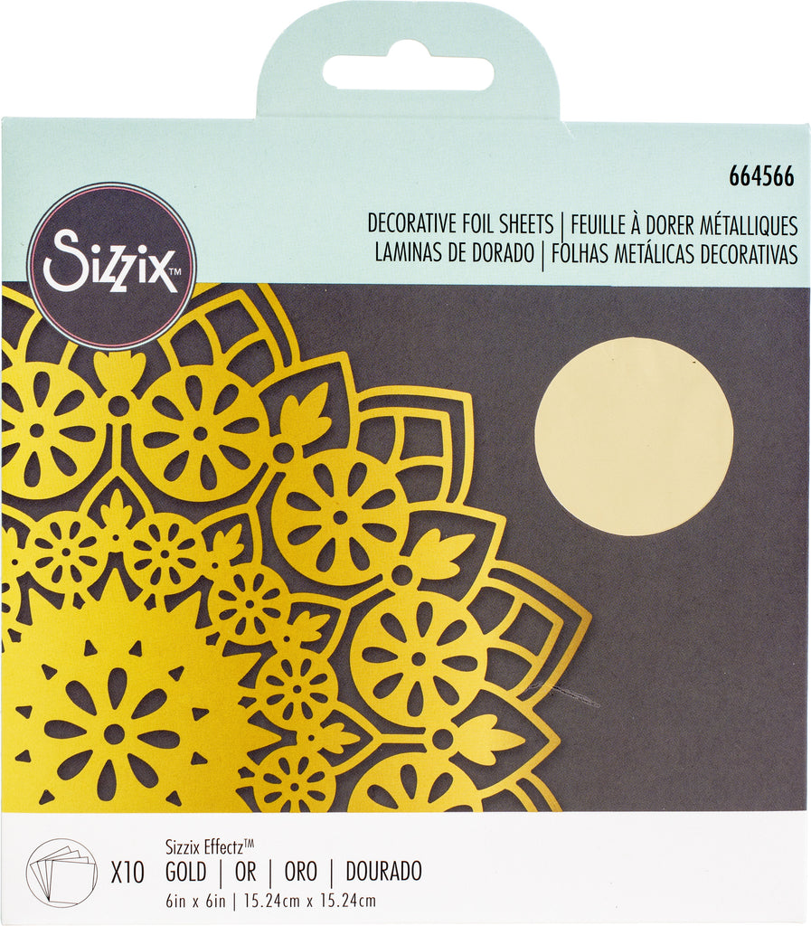 Sizzix Effectz Gold Decorative Foil Sheets 6"x6" 10/Pkg. Add shimmer and shine to any project. This pack of 10 sheets can add a metallic element to your projects