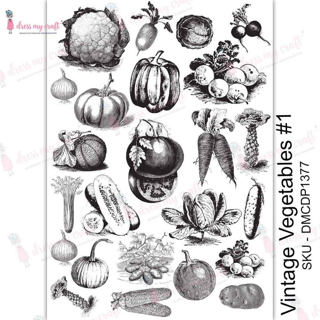 Shop Vintage Vegetables Dress My Craft Transfer Me Papers for Craft Projects. Incredibly beautiful. Vibrant and Crisp transfer image. Enhances look of Wood, Metal, Plastic, Leather, Marble