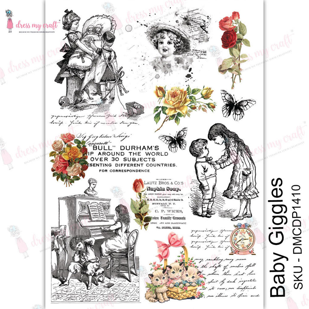 Shop Baby Vintage Dress My Craft Transfer Me Papers for Craft Projects. Incredibly beautiful. Vibrant and Crisp transfer image. Perfect for Furniture Upcycle, DIY projects, Craft projects, Mixed Media, Decoupage Art and more.