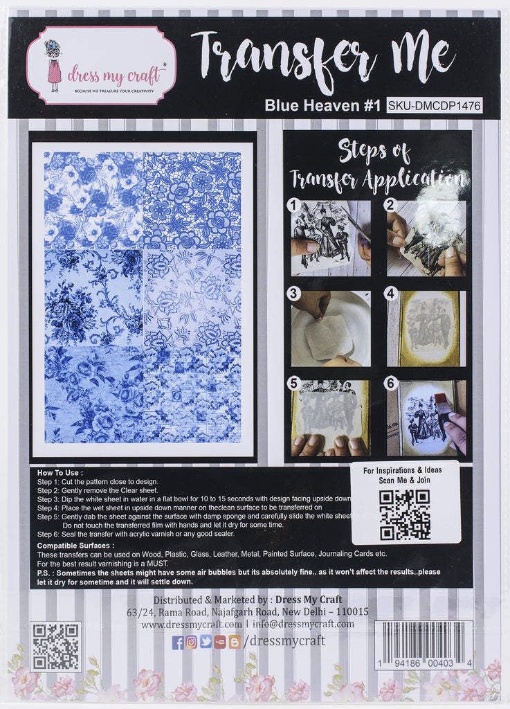Shop Blue Floral Dress My Craft Transfer Me Papers for Craft Projects. Incredibly beautiful. Vibrant and Crisp transfer image. Perfect for Furniture Upcycle, DIY projects, Craft projects, Mixed Media, Decoupage Art and more.