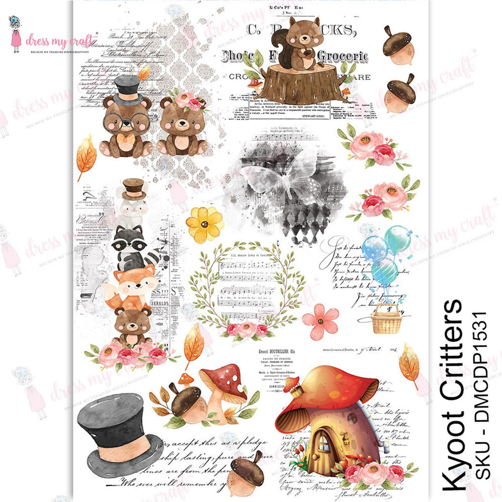 Shop Kyoot Critters Dress My Craft Transfer Me Papers for Craft Projects. Incredibly beautiful. Vibrant and Crisp transfer image. Perfect for Furniture Upcycle, DIY projects, Craft projects, Mixed Media, Decoupage Art and more.