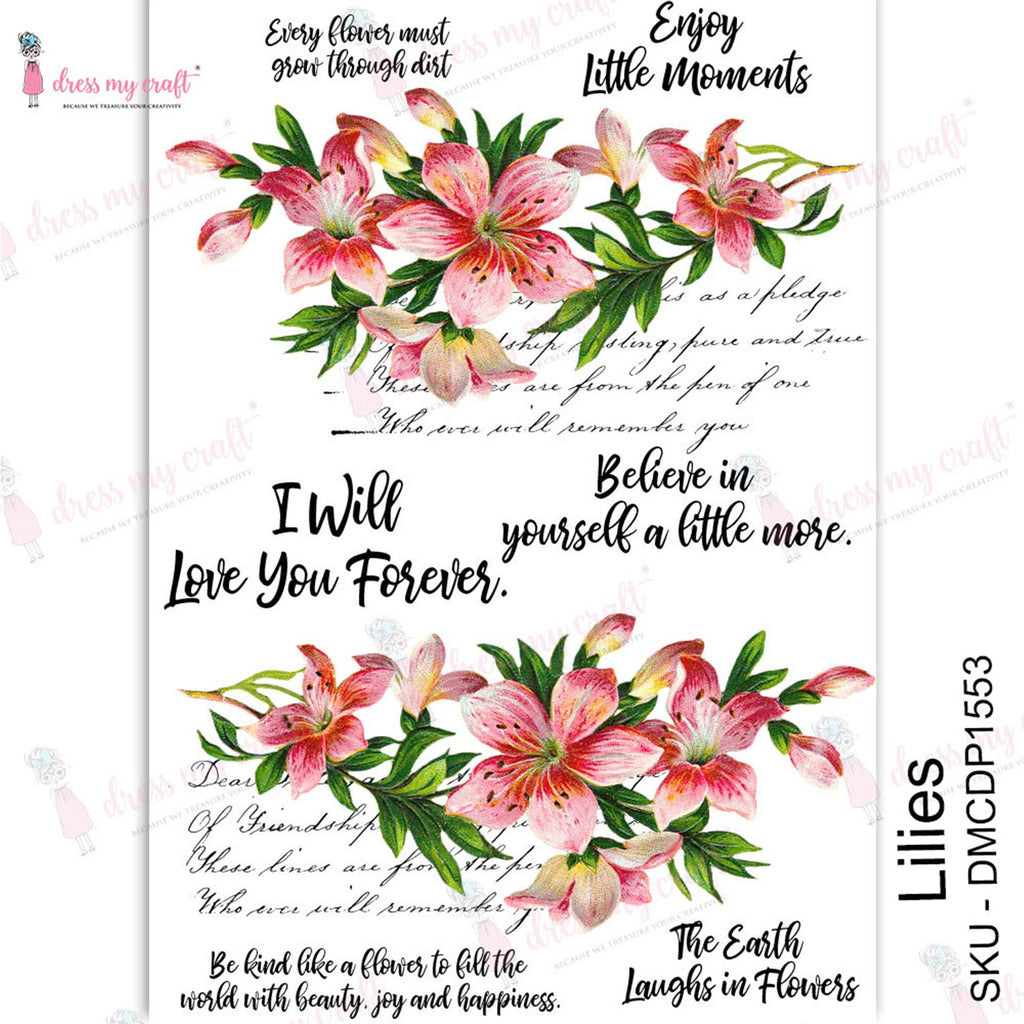Shop Lillies Dress My Craft Transfer Me Papers for Craft Projects. Incredibly beautiful. Vibrant and Crisp transfer image. Perfect for Furniture Upcycle, DIY projects, Craft projects, Mixed Media, Decoupage Art and more.