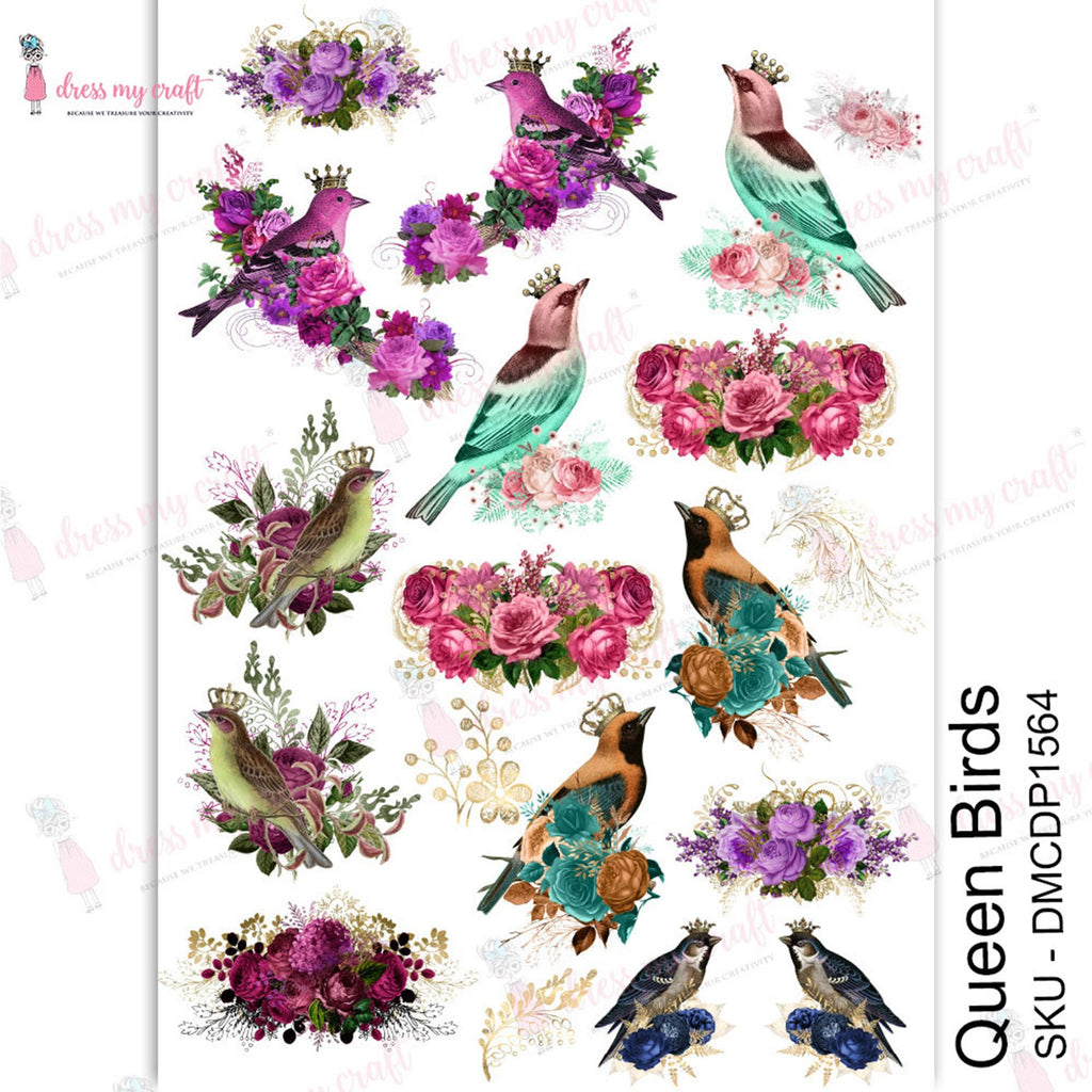 Shop Queen Birds Dress My Craft Transfer Me Papers for Craft Projects. Incredibly beautiful. Vibrant and Crisp transfer image. Enhances look of Wood, Metal, Plastic, Leather, Marble, Glass