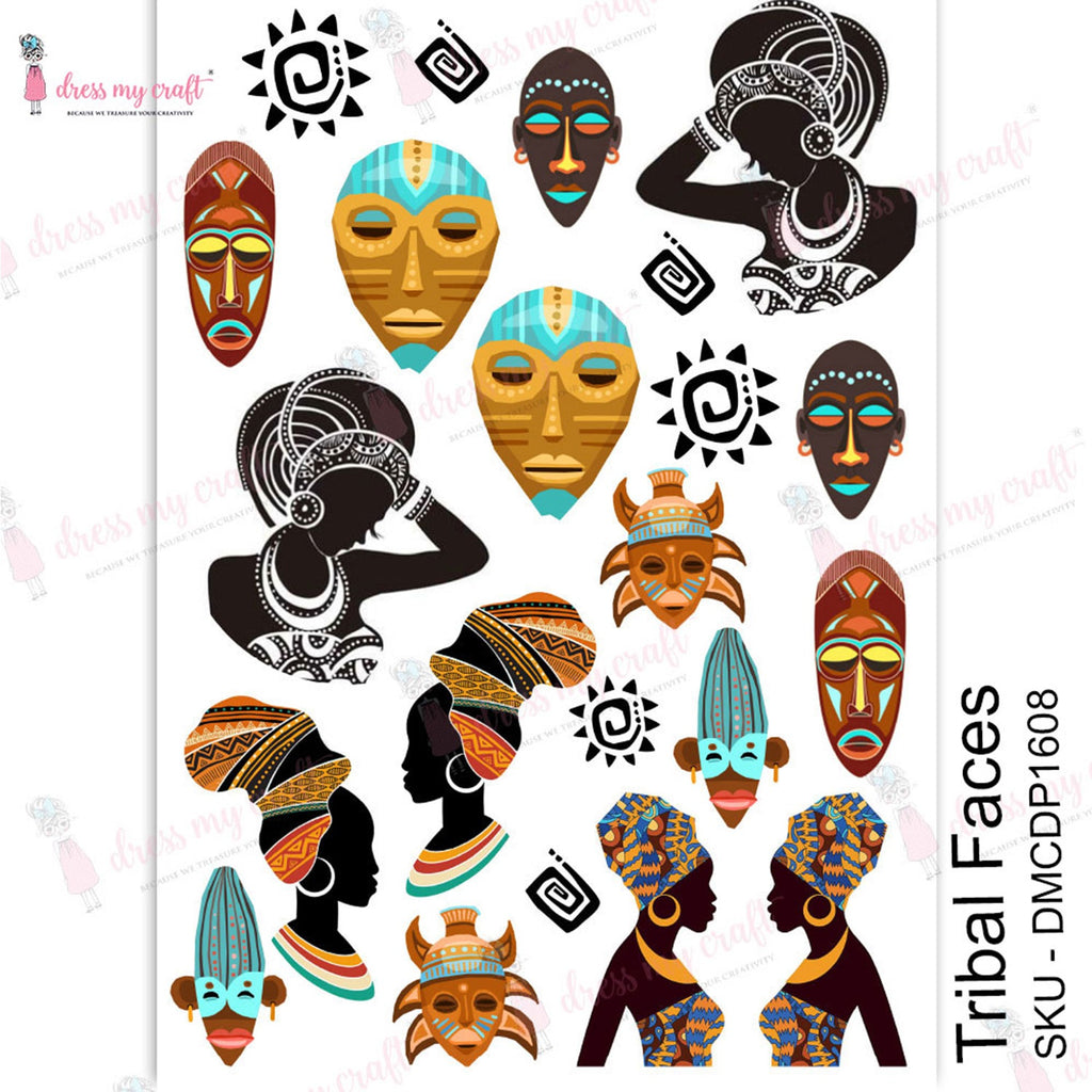 Shop Tribal Faces Dress My Craft Transfer Me Papers for Craft Projects. Incredibly beautiful. Vibrant and Crisp transfer image. Perfect for Furniture Upcycle, DIY projects, Craft projects, Mixed Media, Decoupage Art and more.