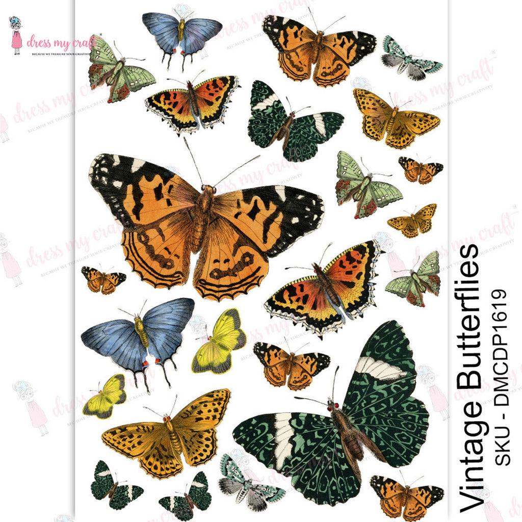 Shop Vintage Butterflies Dress My Craft Transfer Me Papers for Craft Projects. Incredibly beautiful. Vibrant and Crisp transfer image. Perfect for Furniture Upcycle, DIY projects, Craft projects, Mixed Media, Decoupage Art and more.