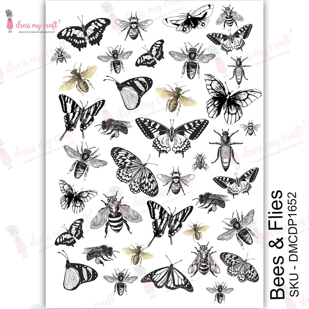 Shop Bees and Flies Dress My Craft Transfer Me Papers for Craft Projects. Incredibly beautiful. Vibrant and Crisp transfer image. Perfect for Furniture Upcycle, DIY projects, Craft projects, Mixed Media, Decoupage Art and more.