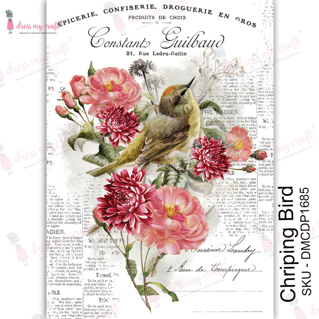 Shop Vintage Bird Dress My Craft Transfer Me Papers for Craft Projects. Incredibly beautiful. Vibrant and Crisp transfer image. Perfect for Furniture Upcycle, DIY projects, Craft projects, Mixed Media, Decoupage Art and more.