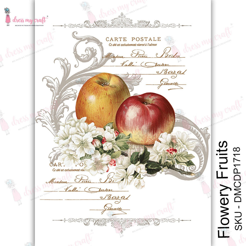 Shop Flowery Fruits Dress My Craft Transfer Me Papers for Craft Projects. Incredibly beautiful. Vibrant and Crisp transfer image. Perfect for Furniture Upcycle, DIY projects, Craft projects, Mixed Media, Decoupage Art and more.