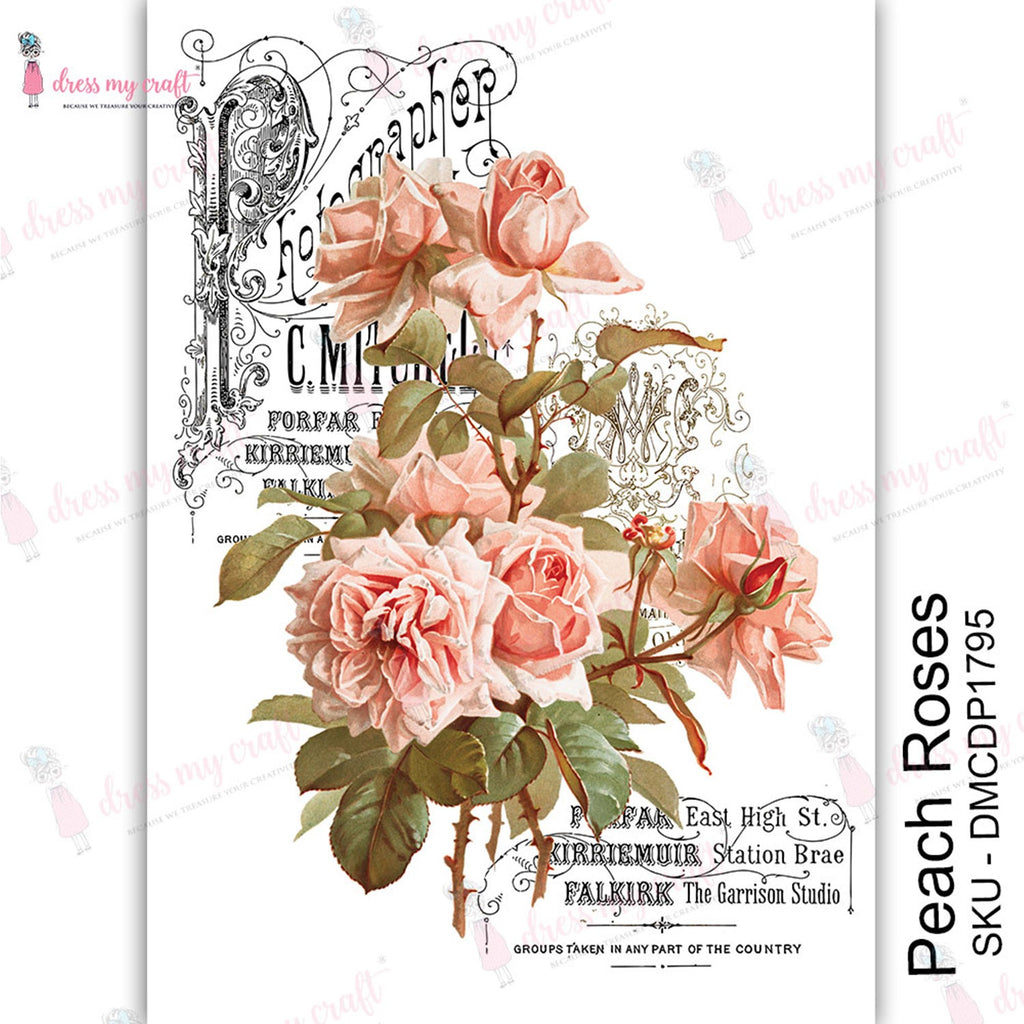 Shop Peach Roses Dress My Craft Transfer Me Papers for Craft Projects. Incredibly beautiful. Vibrant and Crisp transfer image. Perfect for Furniture Upcycle, DIY projects, Craft projects, Mixed Media, Decoupage Art and more.