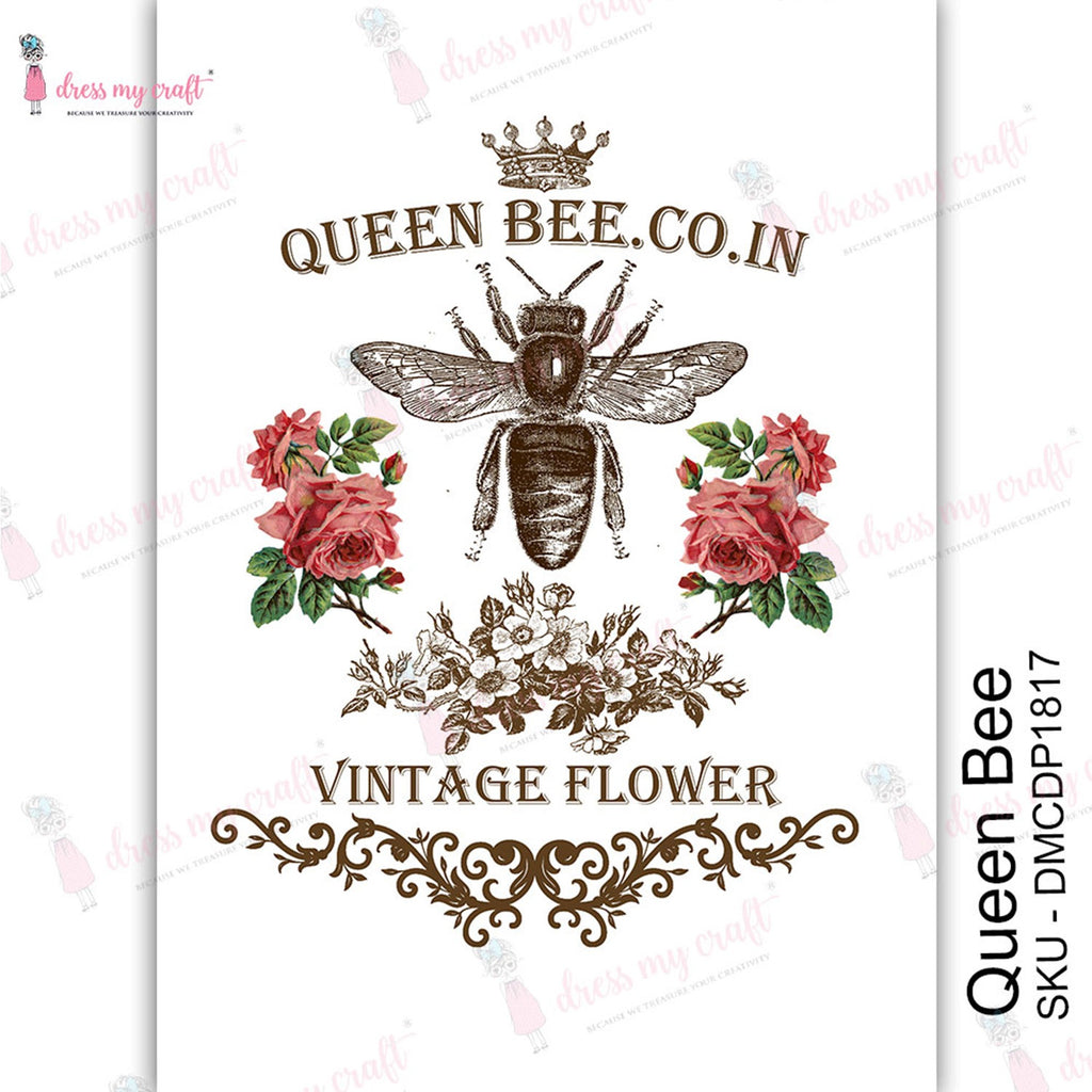 Shop Queen Bee Dress My Craft Transfer Me Papers for Craft Projects. Incredibly beautiful. Vibrant and Crisp transfer image. Perfect for Furniture Upcycle, DIY projects, Craft projects, Mixed Media, Decoupage Art and more.