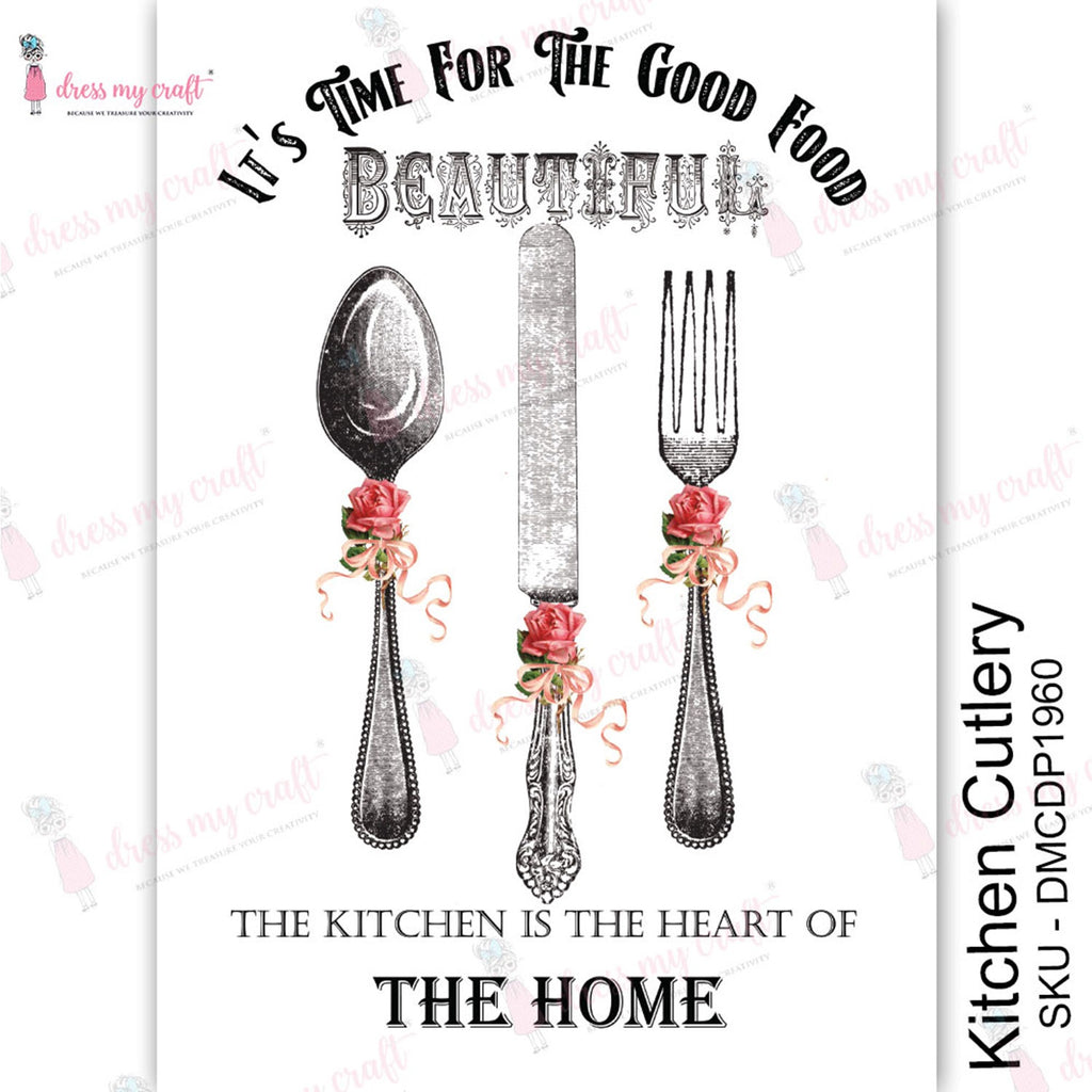 Shop Kitchen Cutlery Dress My Craft Transfer Me Papers for Craft Projects. Incredibly beautiful. Vibrant and Crisp transfer image. Perfect for Furniture Upcycle, DIY projects, Craft projects, Mixed Media, Decoupage Art and more.