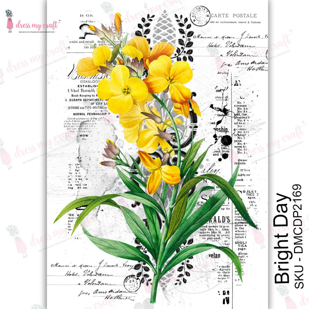 Shop Yellow Floral Bright Day Dress My Craft Transfer Me Papers for Craft Projects. Incredibly beautiful. Vibrant and Crisp transfer image. Perfect for Furniture Upcycle, DIY projects, Craft projects, Mixed Media, Decoupage Art and more.
