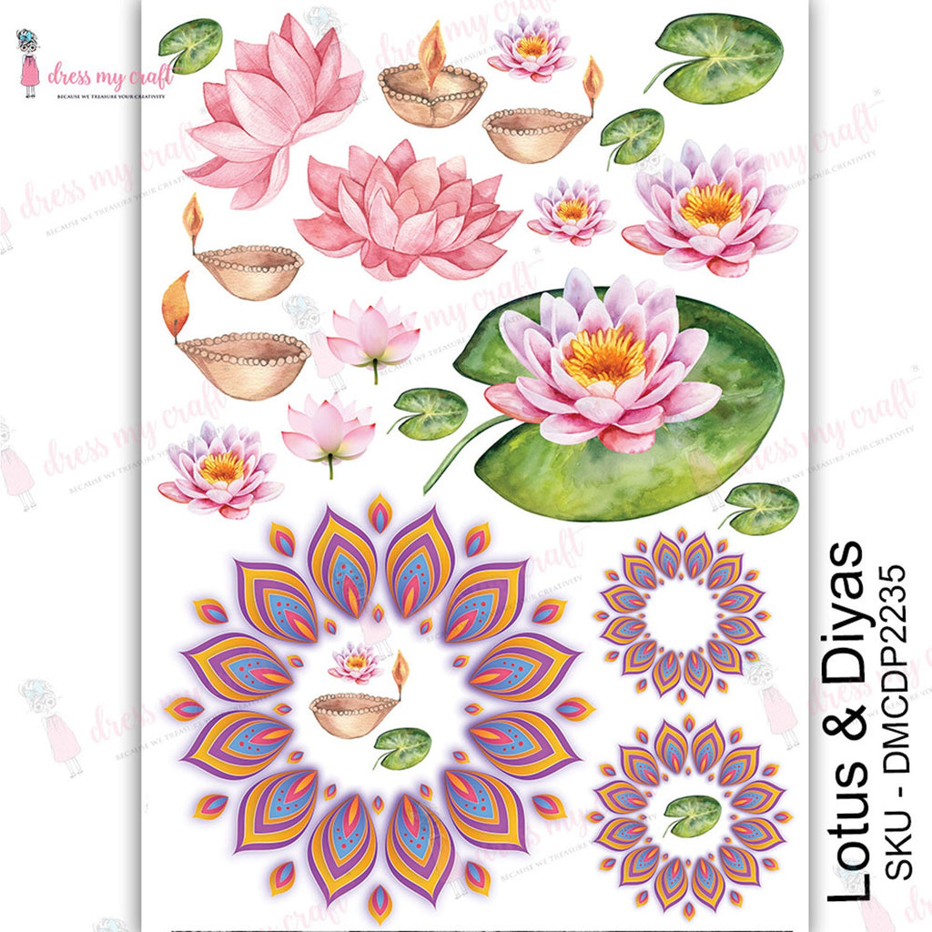 Shop colorful pink Lotus & Diyas Flower Dress My Craft Transfer Me Papers for Craft Projects. Incredibly beautiful. Vibrant and Crisp transfer image. Enhances look of Wood, Metal, Plastic, Leather, Marble, Glass