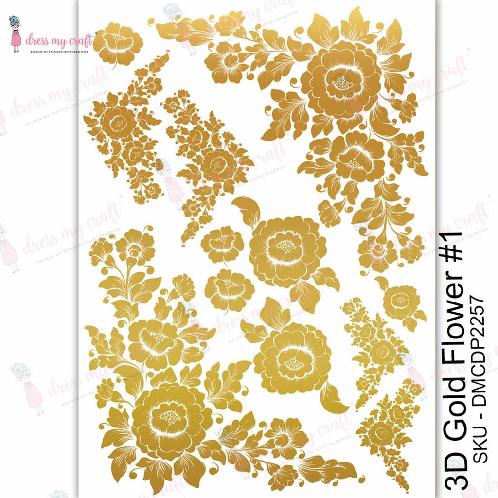 Shop Gold Flower Dress My Craft Transfer Me Papers for Craft Projects. Incredibly beautiful. Vibrant and Crisp transfer image. Perfect for Furniture Upcycle, DIY projects, Craft projects, Mixed Media, Decoupage Art and more.