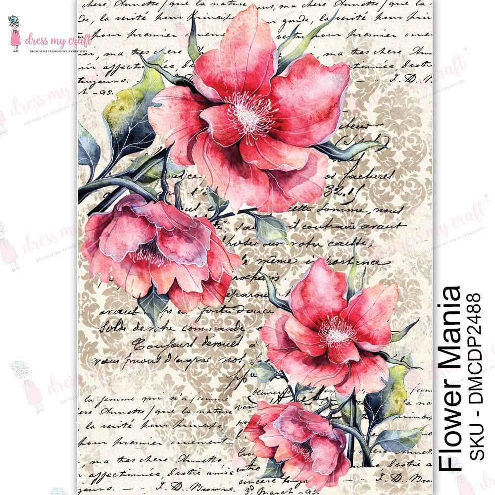 Shop Flower Mania Dress My Craft Transfer Me Papers for Craft Projects. Incredibly beautiful. Vibrant and Crisp transfer image. Perfect for Furniture Upcycle, DIY projects, Craft projects, Mixed Media, Decoupage Art and more.