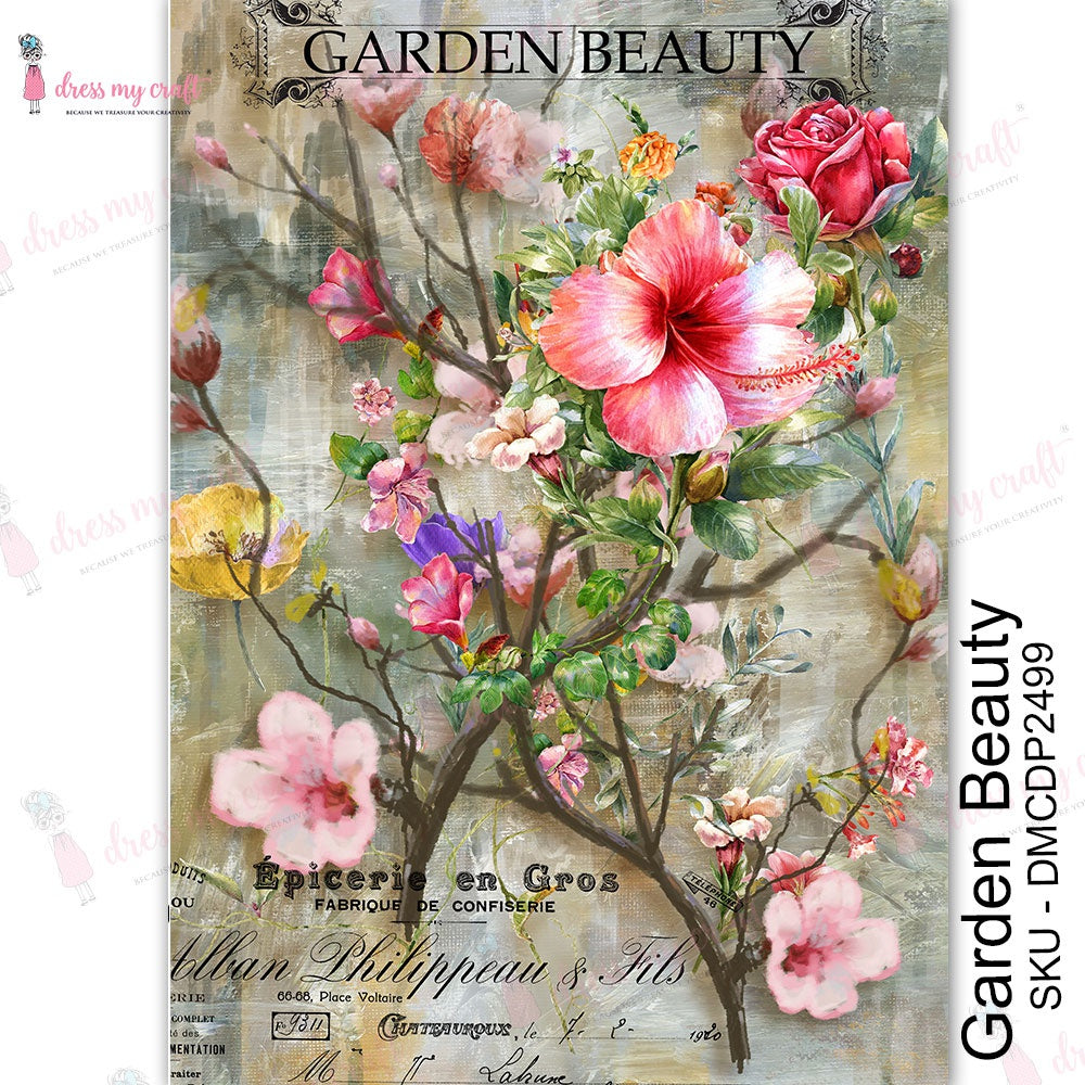 Shop Garden Beauty Pink Floral  Dress My Craft Transfer Me Papers for Craft Projects. Incredibly beautiful. Vibrant and Crisp transfer image. Perfect for Furniture Upcycle, DIY projects, Craft projects, Mixed Media, Decoupage Art and more.
