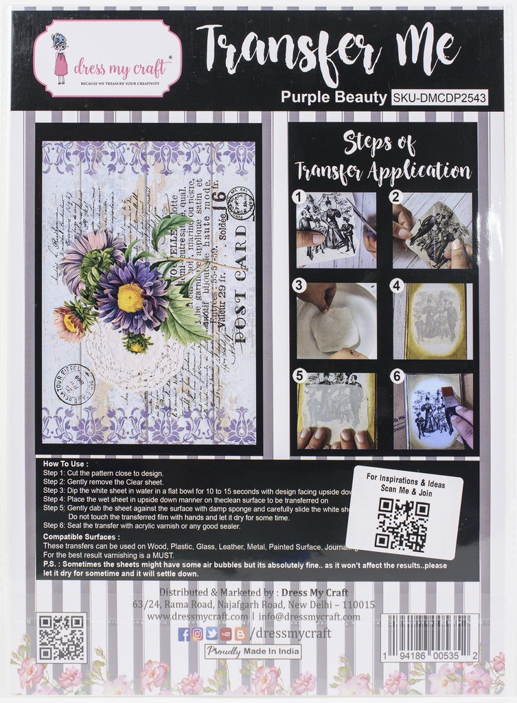 Shop Purple Beauty Dress My Craft Transfer Me Papers for Craft Projects. Incredibly beautiful. Vibrant and Crisp transfer image. Perfect for Furniture Upcycle, DIY projects, Craft projects, Mixed Media, Decoupage Art and more.