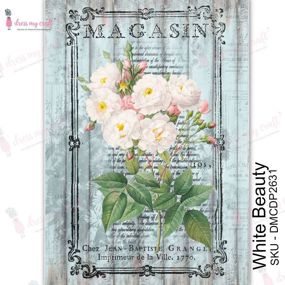 Shop White Beauty Flowers Dress My Craft Transfer Me Papers for Craft Projects. Incredibly beautiful. Vibrant and Crisp transfer image. Enhances look of Wood, Metal, Plastic, Leather, Marble, Glass, Terracotta