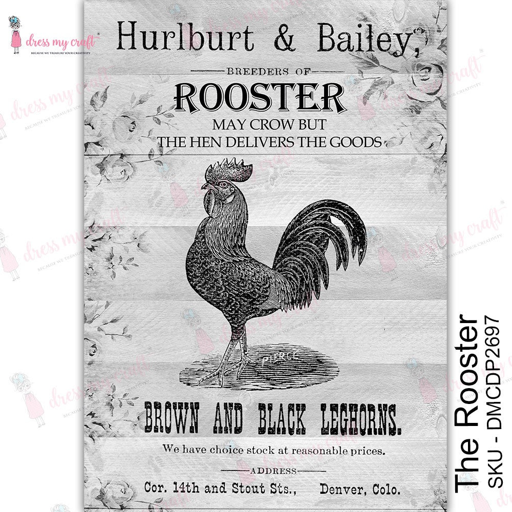 Shop Rooster Dress My Craft Transfer Me Papers for Craft Projects. Incredibly beautiful. Vibrant and Crisp transfer image. Perfect for Furniture Upcycle, DIY projects, Craft projects, Mixed Media, Decoupage Art and more.