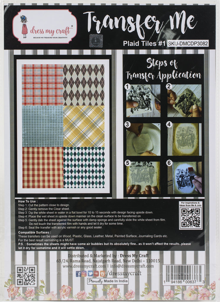 Shop Plaid Tiles Dress My Craft Transfer Me Papers for Craft Projects. Incredibly beautiful. Vibrant and Crisp transfer image. Perfect for Furniture Upcycle, DIY projects, Craft projects, Mixed Media, Decoupage Art and more.